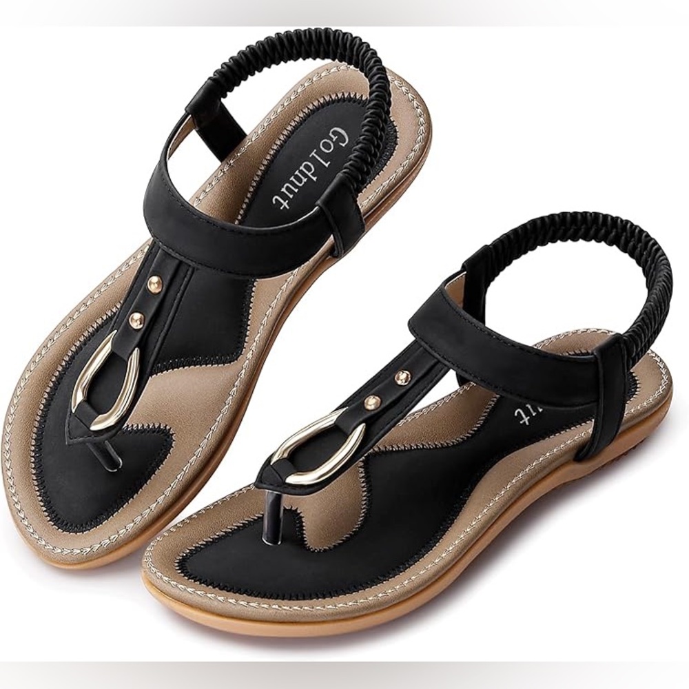 Black and Tan T-Strap Sandals with Cushioned Sole